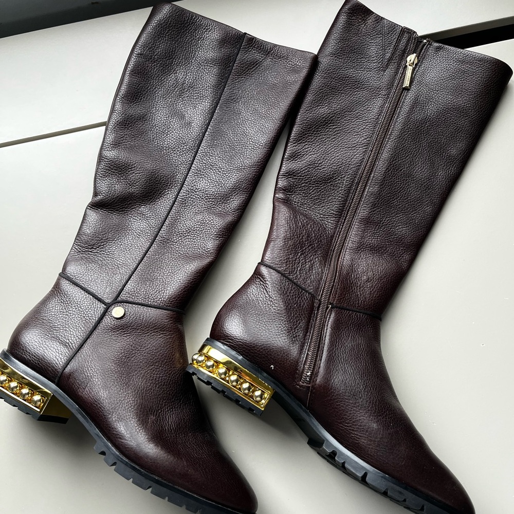 Karl Lagerfeld Siene Women's Tall Brown Leather Boots with Gold Accent Heel